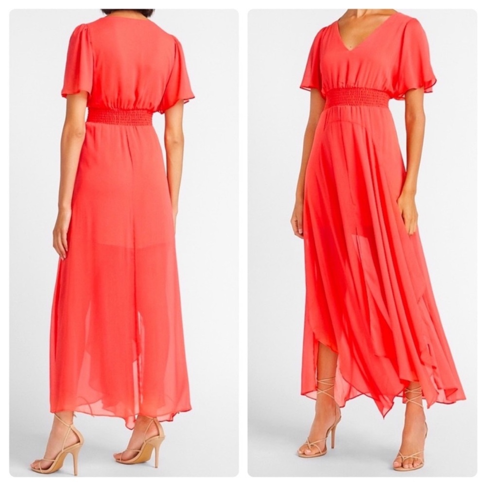 EXPRESS SMOCKED WAIST FLUTTER SLEEVE HIGH LOW CORAL MIDI DRESS SIZE MEDIUM